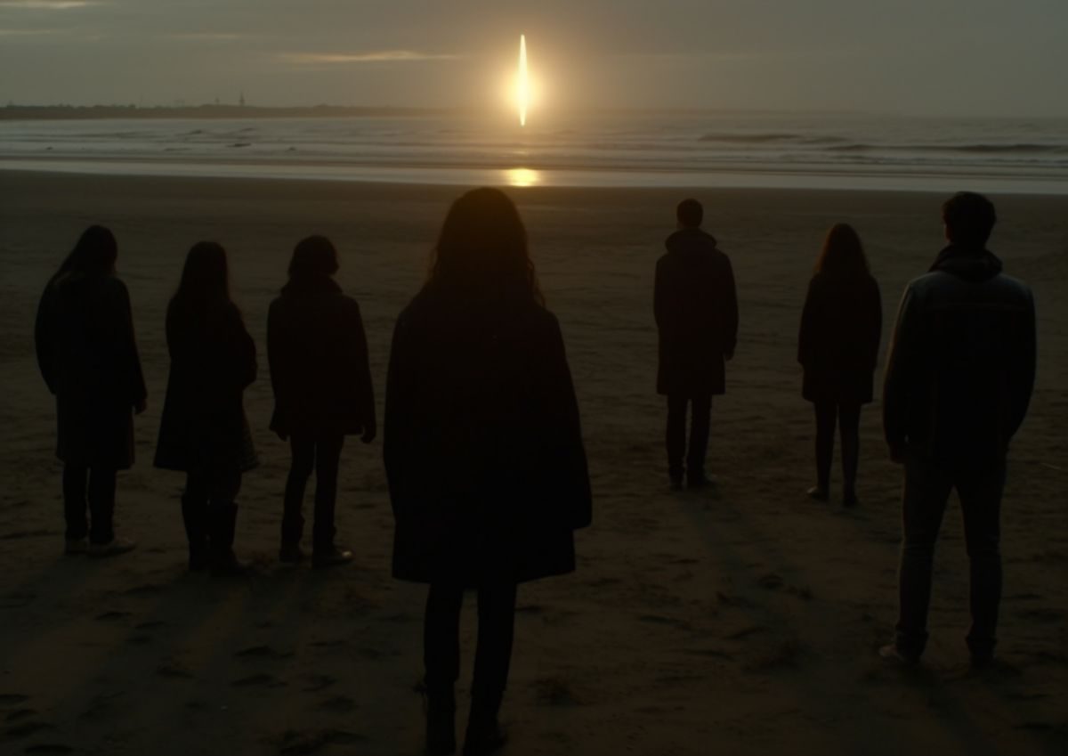 Grupo de personas en la playa al atardecer