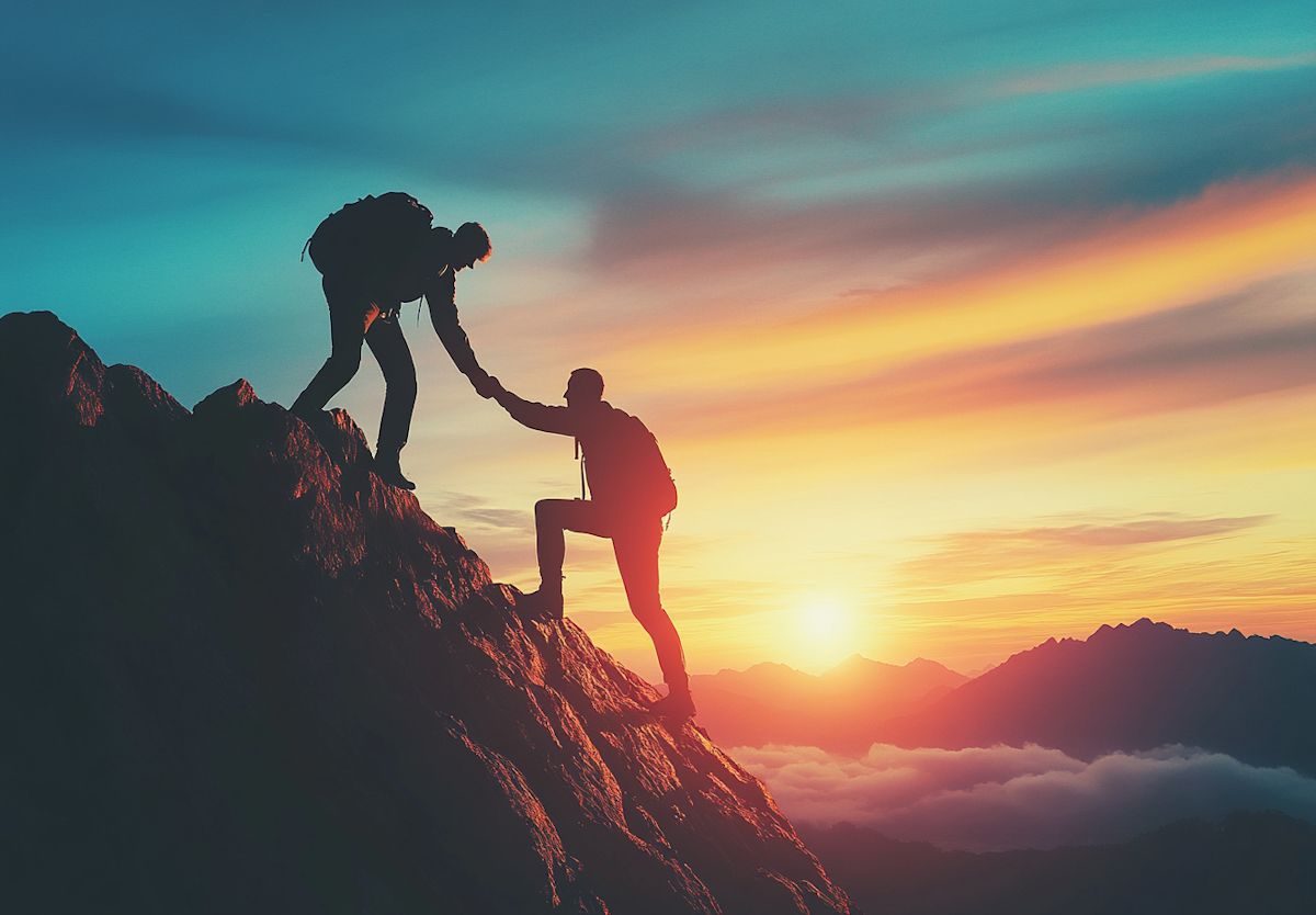 Dos personas ayudándose a subir una montaña al amanecer